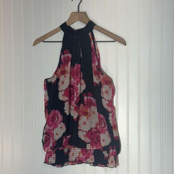 IZ Byer Floral Halter Top Size L Black Pink Rose Print Ruffle Hem Keyhole Back - Picture 1 of 9